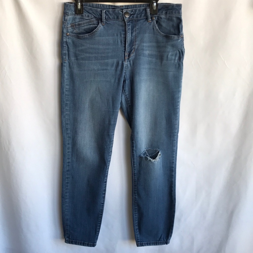 1822 Denim soft, deconstructed straight medium wash jeans, size 14